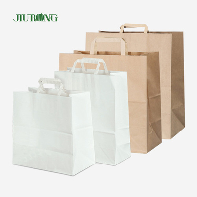 Flat Handle Take Away White Kraft Paper Bag With Logo Print